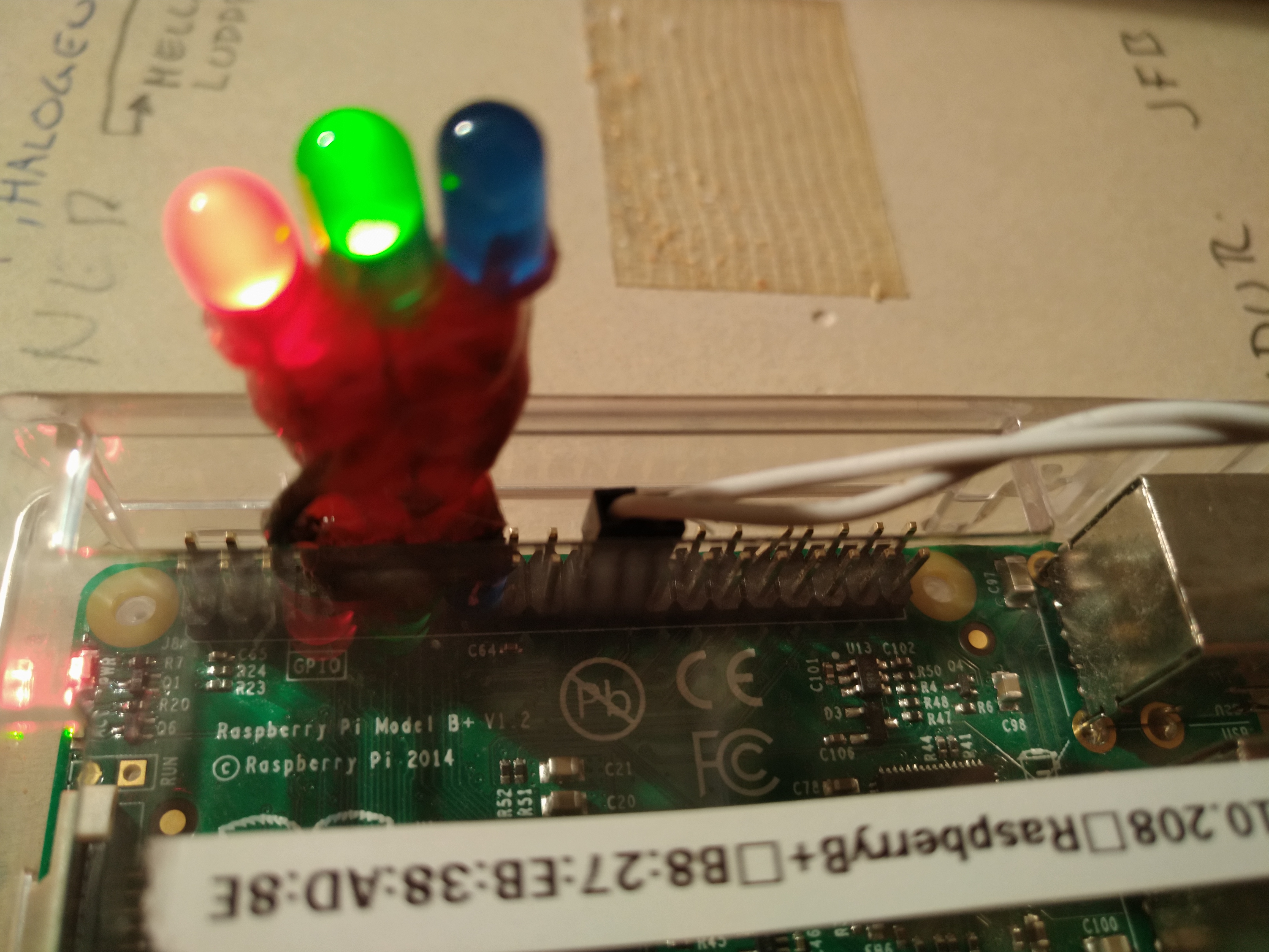 The three LEDs and the trigger connected. Raspberry Pi B+